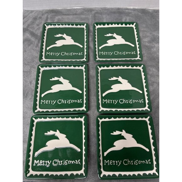 Ceramic Green Square Dessert Plate Reindeer Merry Christmas Holiday Rudolph - 6 - Picture 2 of 5